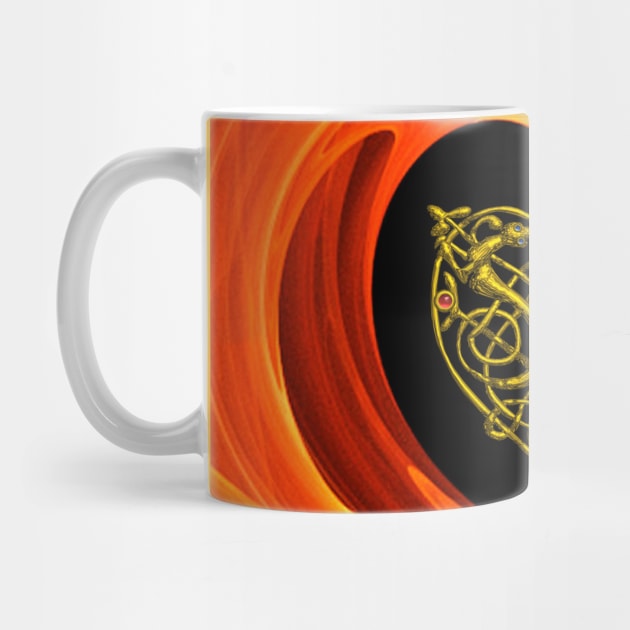 GOLD CELTIC KNOT HEART, LIZARDS IN BLACK ORANGE YELLOW FRACTAL WAVES by BulganLumini